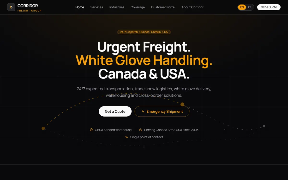 Corridor Freight Group homepage — a bilingual carrier site with a customer shipment tracking portal