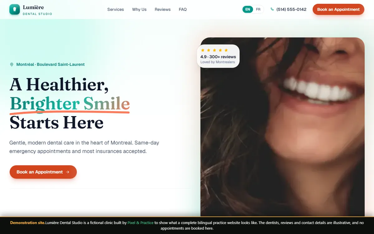 Lumière Dental Studio homepage — a bilingual clinic site with online booking, built by Pixel & Practice