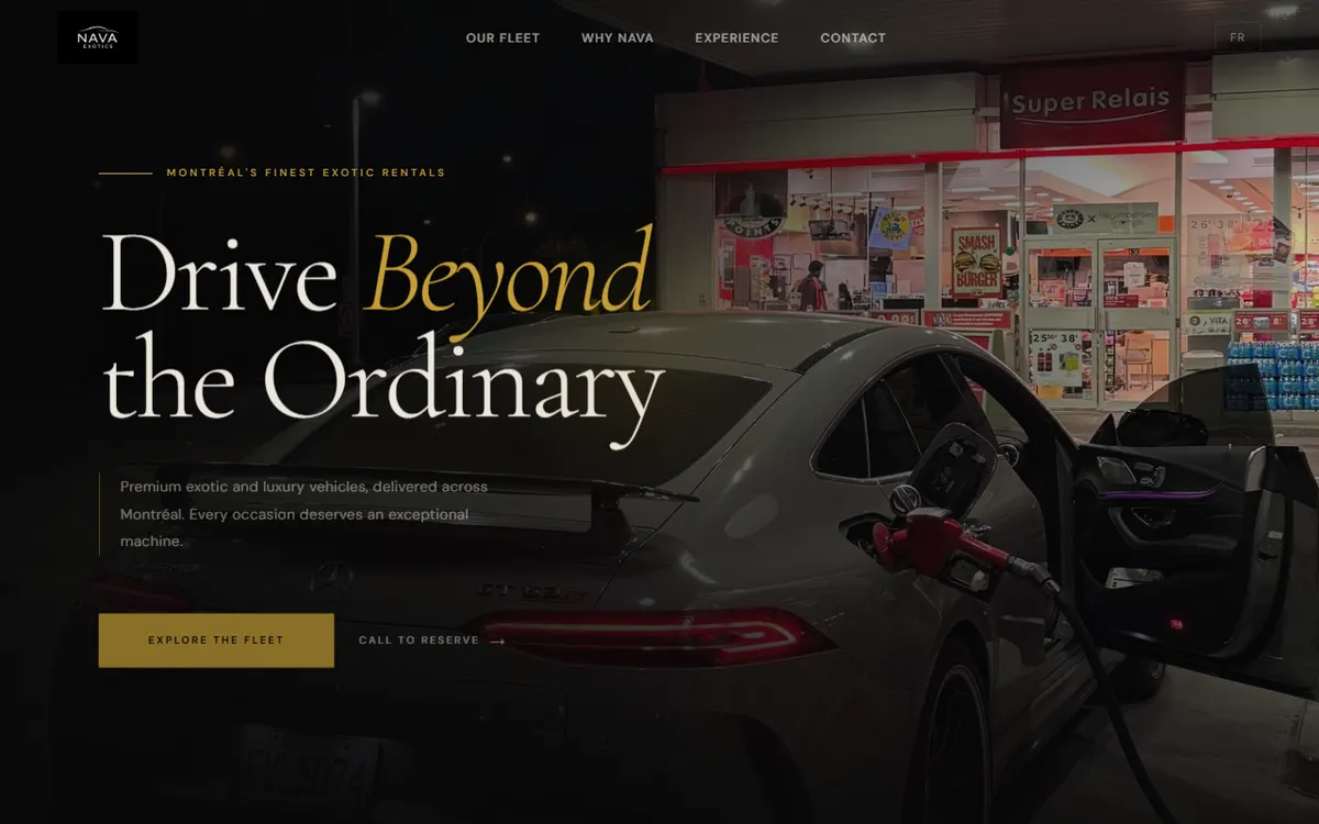 NAVA Exotics homepage — a Montréal luxury car rental site with the full fleet and tap-to-call reservations
